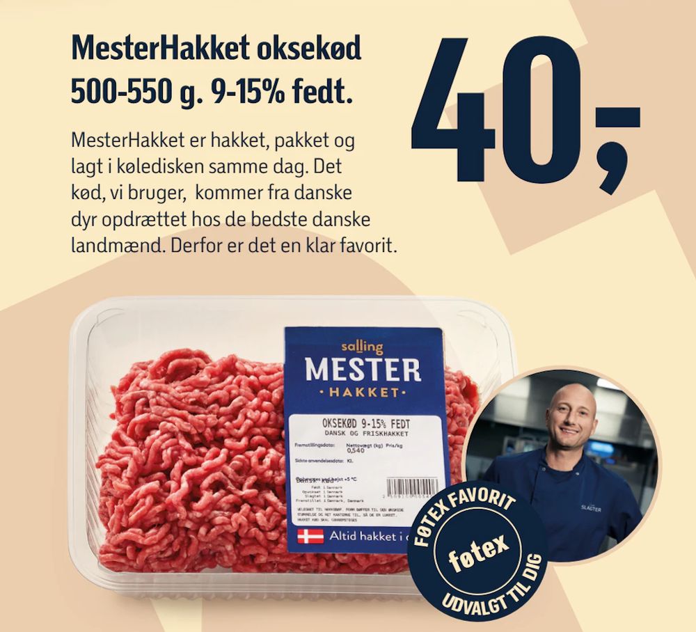 Tilbud på MesterHakket oksekød 500-550 g. 9-15% fedt fra føtex til 40 kr.