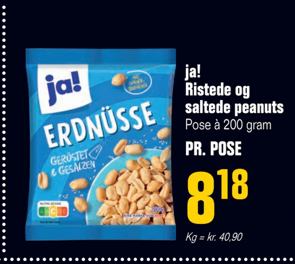 Tilbud på ja! Ristede og saltede peanuts fra Poetzsch Padborg til 8,18 kr.