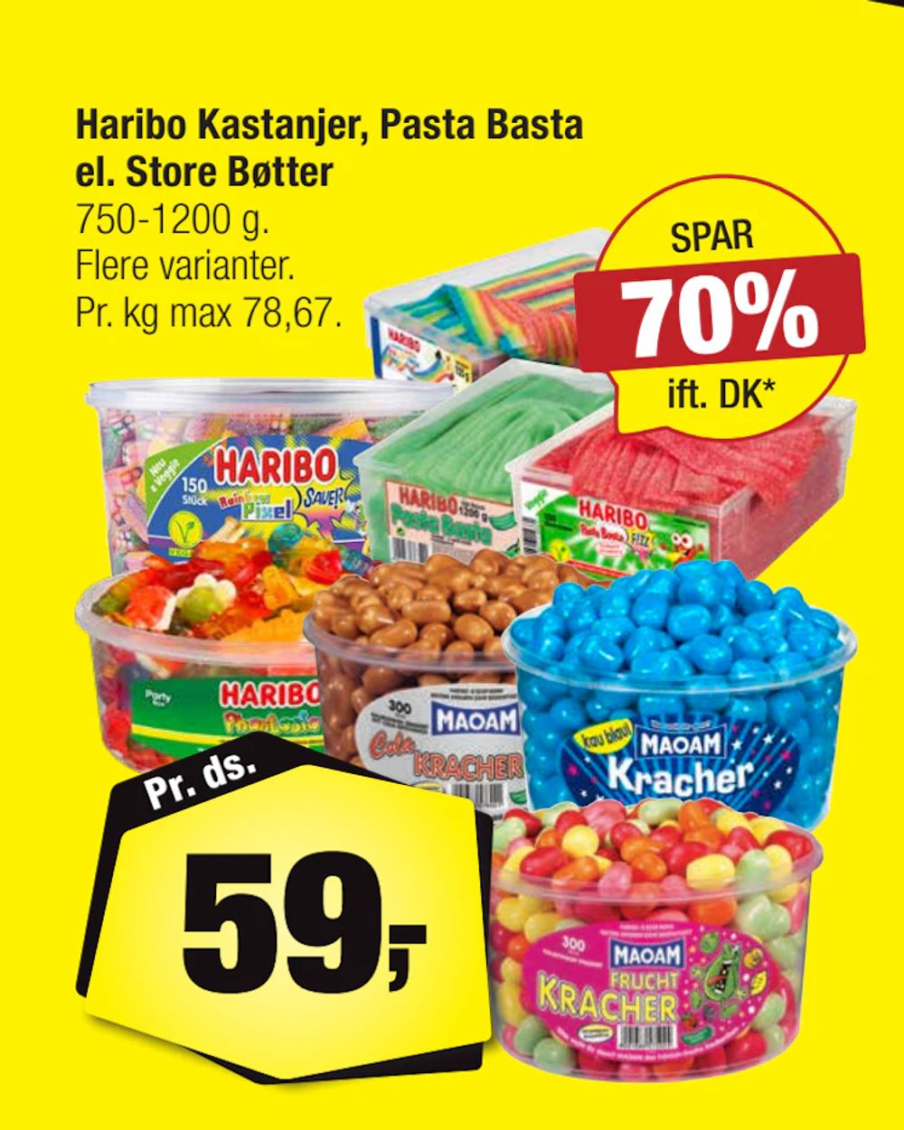Tilbud på Haribo Kastanjer, Pasta Basta el. Store Bøtter fra Calle til 59 kr.