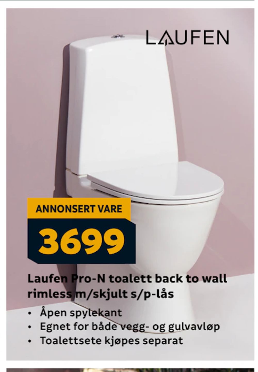Tilbud på Laufen Pro-N toalett back to wall rimless m/skjult s/p-lås fra Megaflis til 3 699 kr