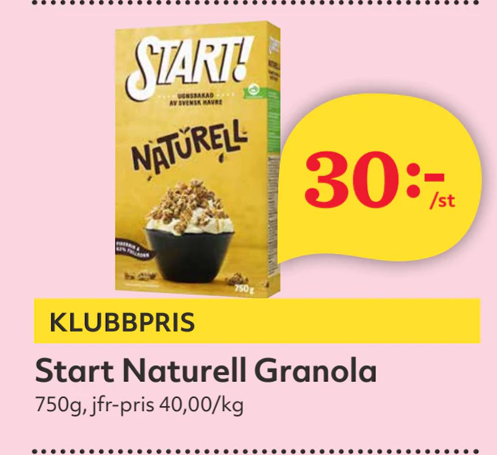 Erbjudanden på Start Naturell Granola från Hemköp för 30 kr