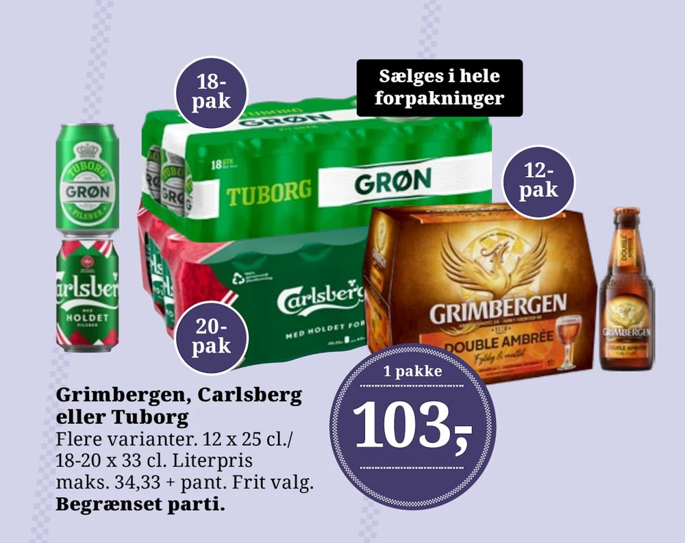 Tilbud på Grimbergen, Carlsberg eller Tuborg fra Brugsen til 103 kr.