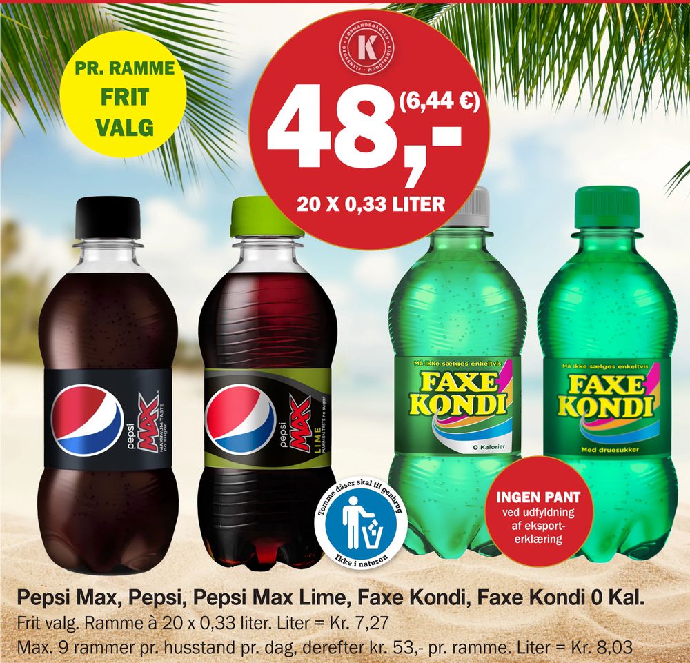 Tilbud på Pepsi Max, Pepsi, Pepsi Max Lime, Faxe Kondi, Faxe Kondi 0 Kal. fra Købmandsgården til 48 kr.
