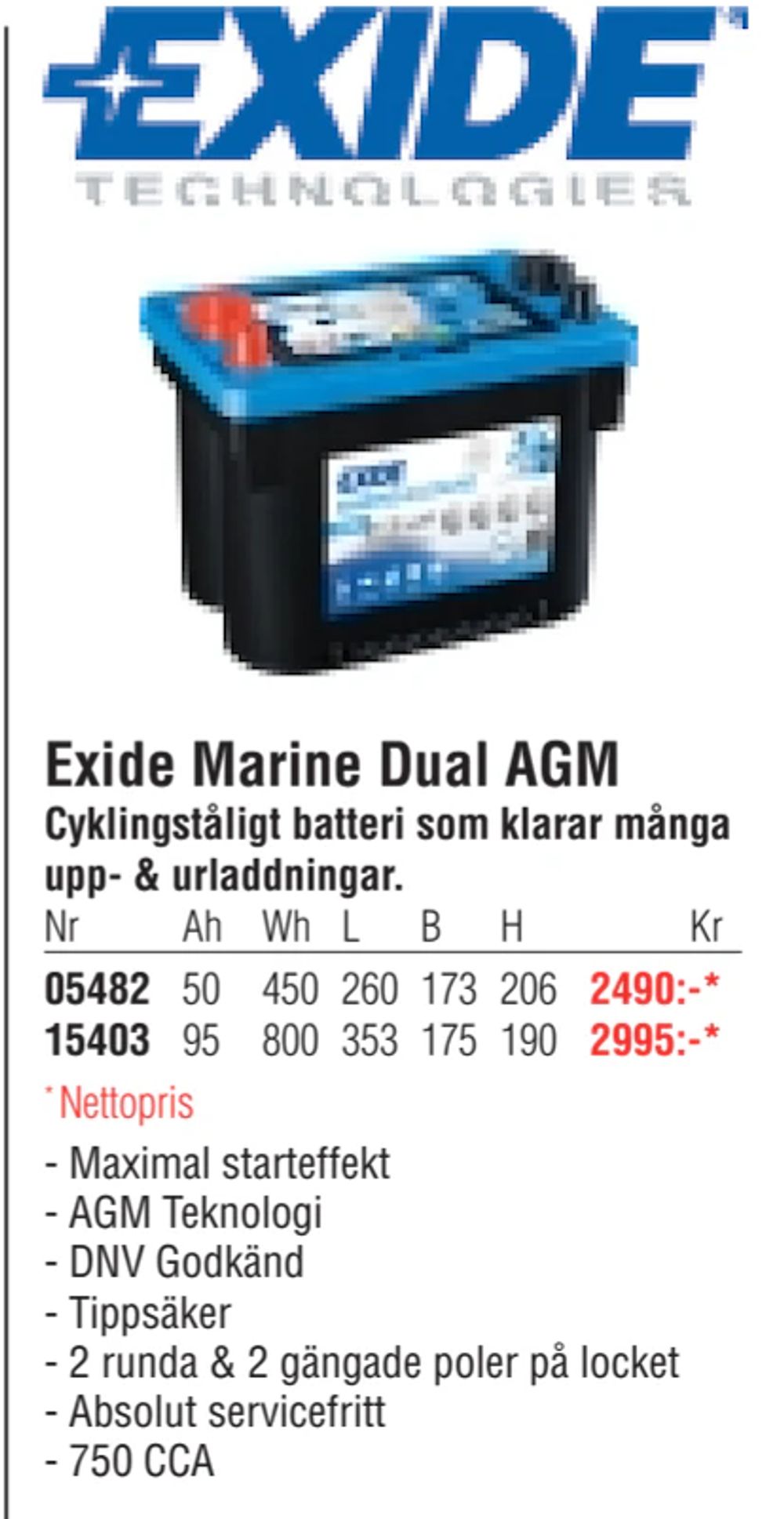 Erbjudanden på Exide Marine Dual AGM från Erlandsons Brygga för 2 490 kr