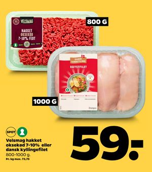 Velsmag hakket oksekød 7-10% eller dansk kyllingefilet
