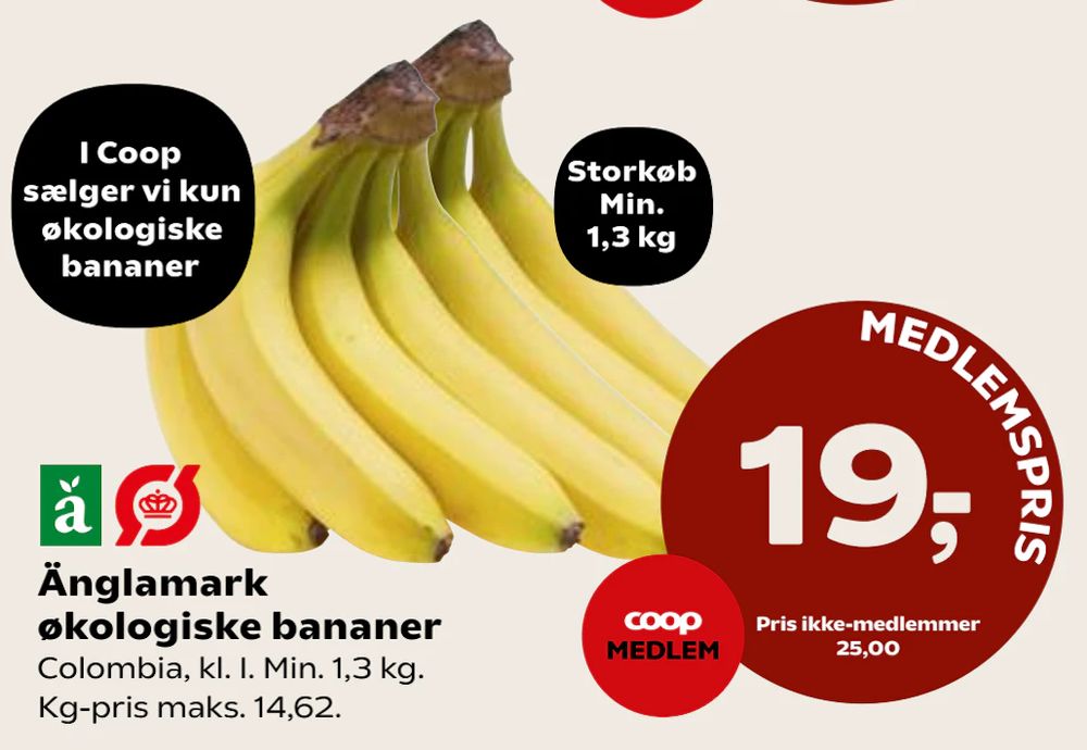 Tilbud på Änglamark økologiske bananer fra Kvickly til 25 kr.