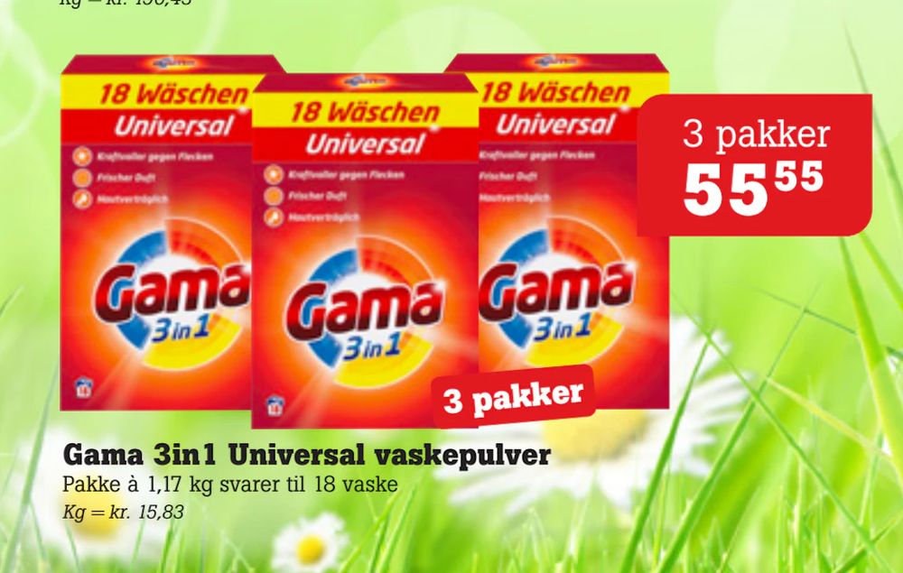 Tilbud på Gama 3in1 Universal vaskepulver fra Poetzsch Padborg til 55,55 kr.