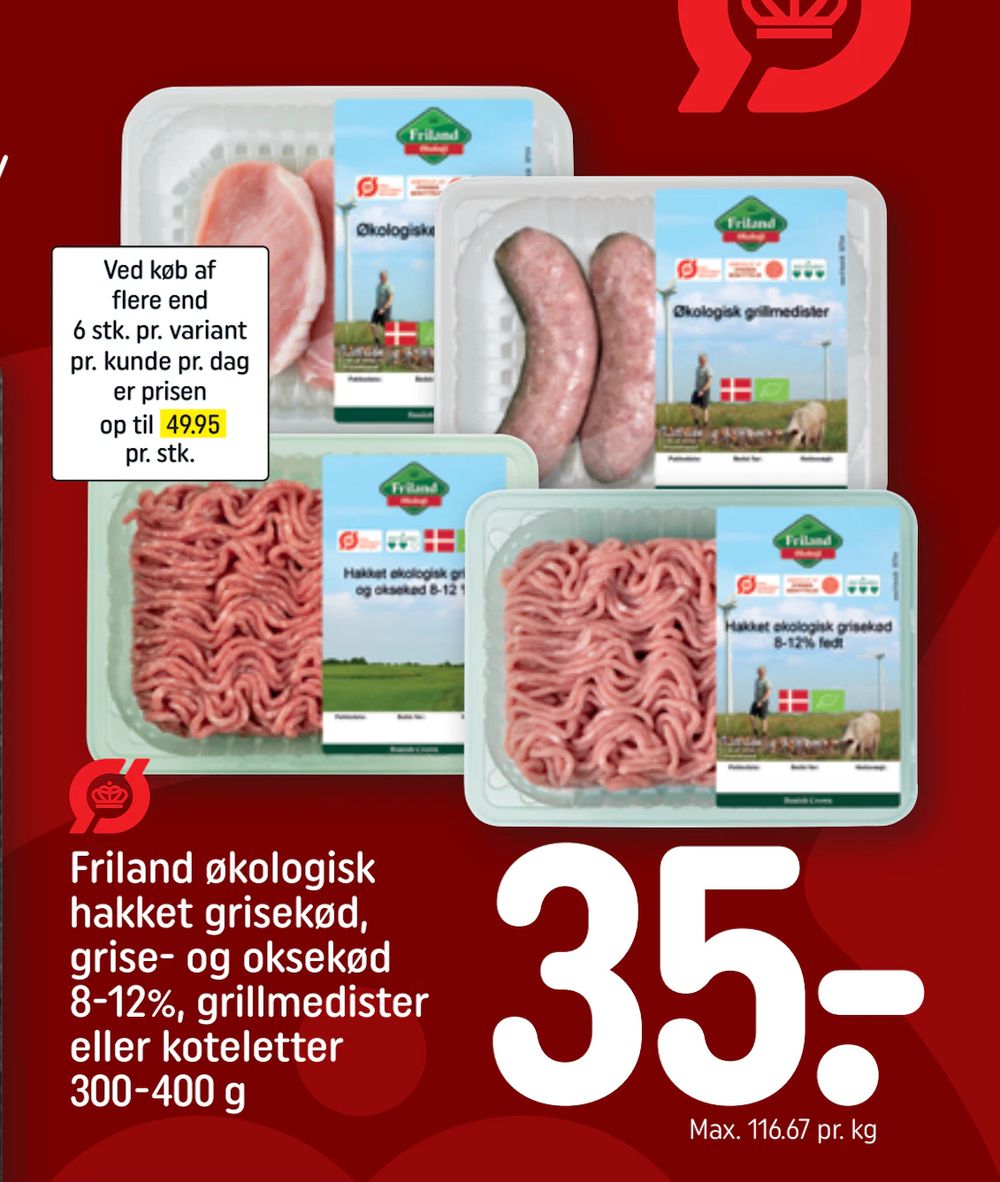 Tilbud på Friland økologisk hakket grisekød, grise- og oksekød 8-12%, grillmedister eller koteletter 300-400 g fra REMA 1000 til 35 kr.