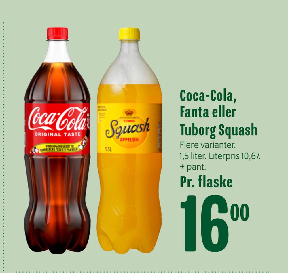 Tilbud på Coca-Cola, Fanta eller Tuborg Squash fra Min Købmand til 16 kr.