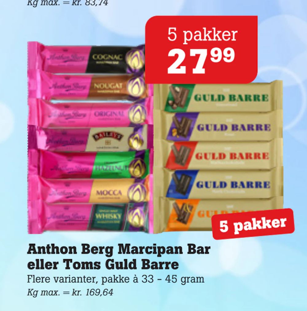Tilbud på Anthon Berg Marcipan Bar eller Toms Guld Barre fra Poetzsch Padborg til 27,99 kr.