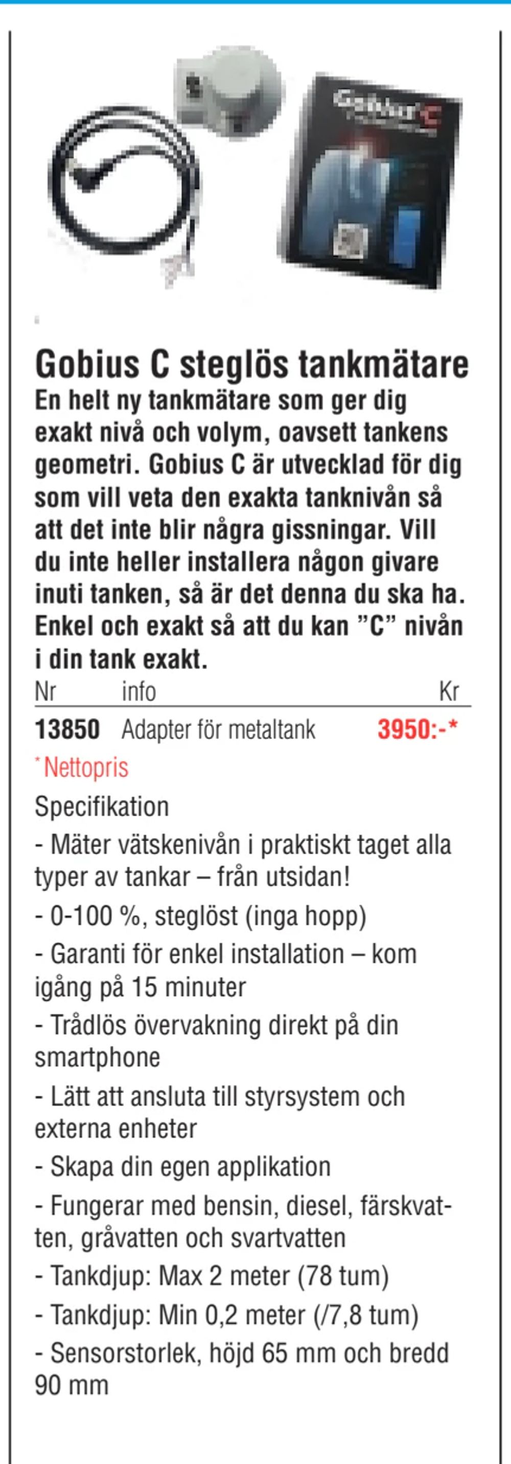 Erbjudanden på Gobius C steglös tankmätare från Erlandsons Brygga för 3 950 kr