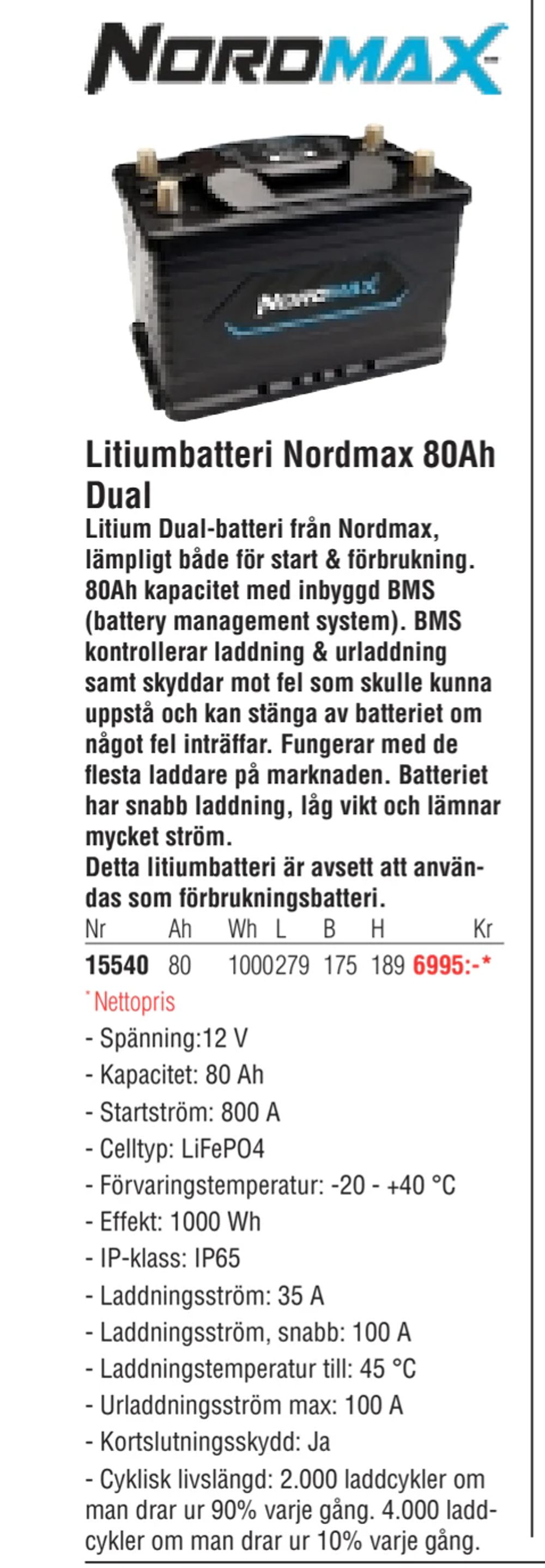 Erbjudanden på Litiumbatteri Nordmax 80Ah Dual från Erlandsons Brygga för 6 995 kr