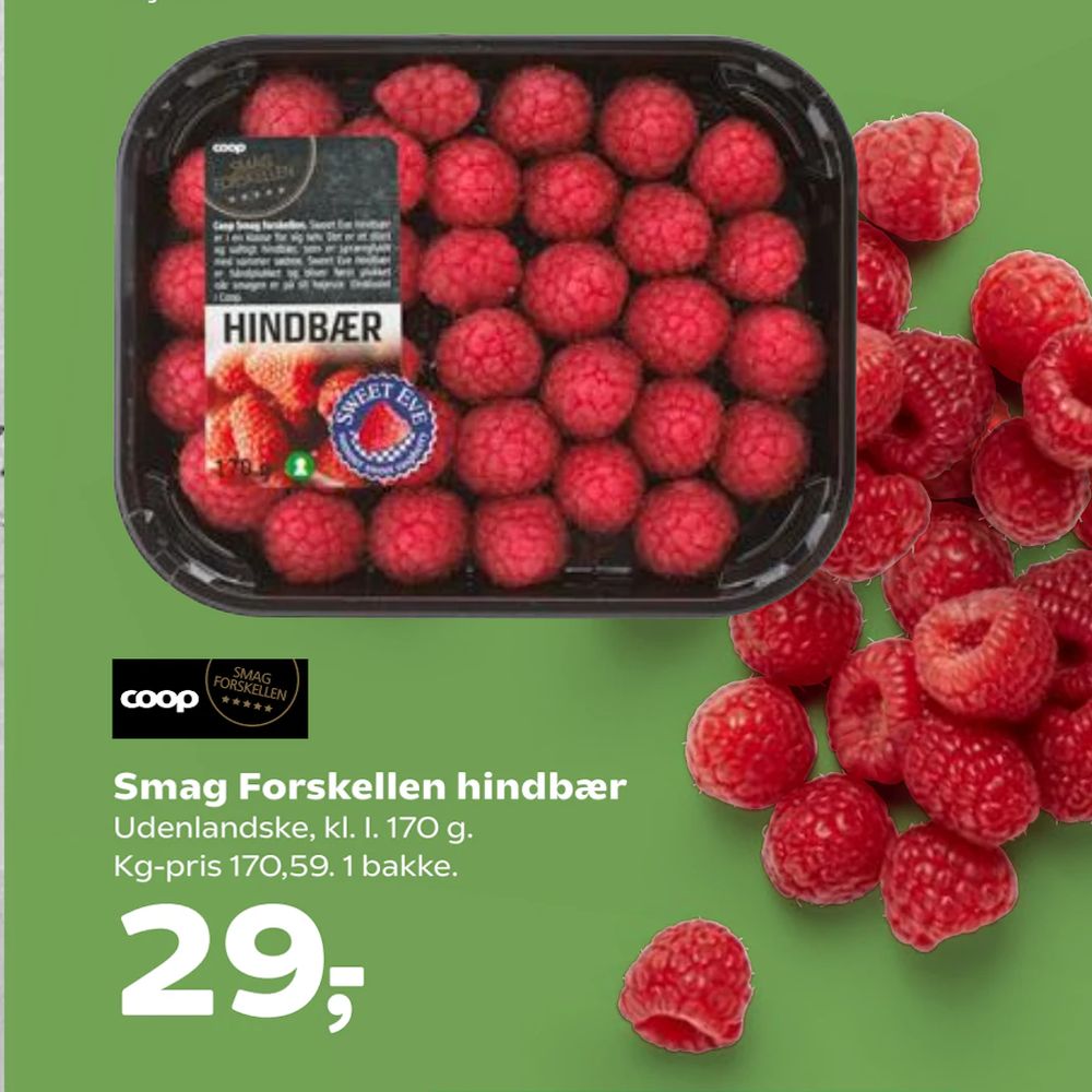 Tilbud på Smag Forskellen hindbær fra SuperBrugsen til 29 kr.