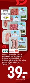 Friland økologisk dansk grillmedister, koteletter, hakket oksekød 8-12%, hakket grisekød 8-12% eller grise- og oksekød 8-12% 300-400 g
