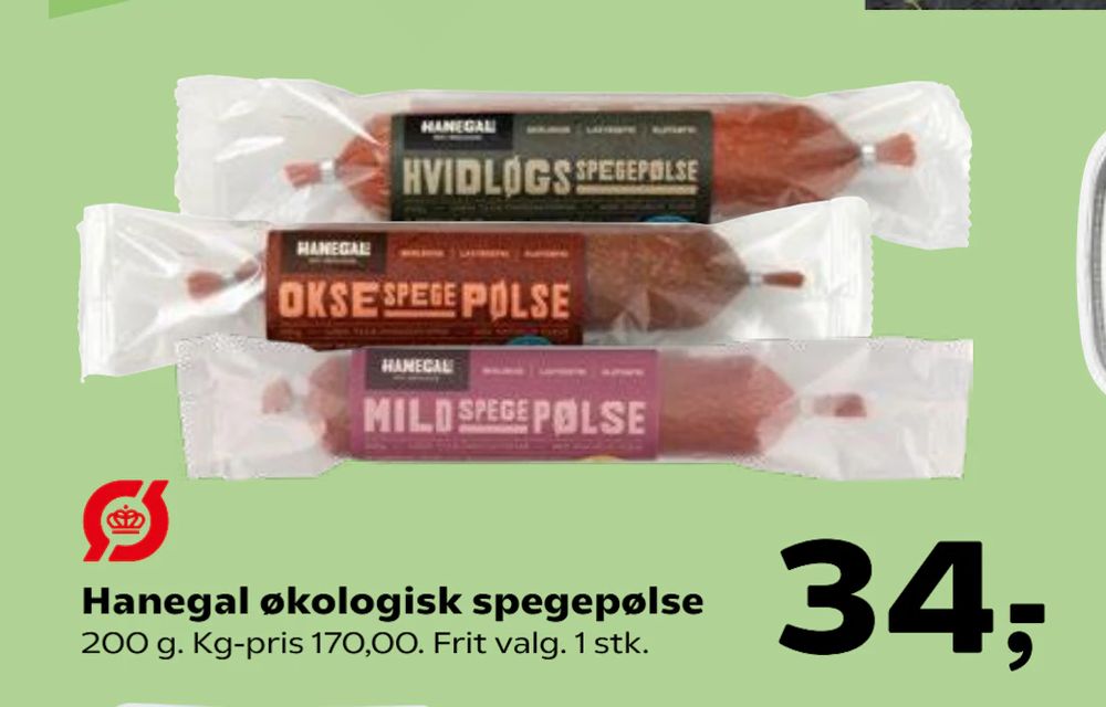 Tilbud på Hanegal økologisk spegepølse fra SuperBrugsen til 34 kr.
