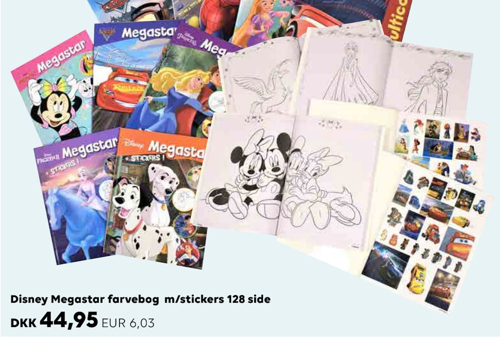 Tilbud på Disney Megastar farvebog m/stickers 128 side fra Scandlines Travel Shop til 44,95 kr.
