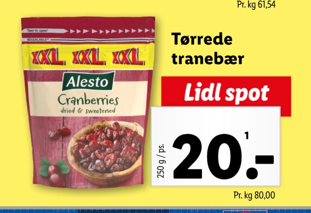 Tilbud på Tørrede tranebær fra Lidl til 20 kr.