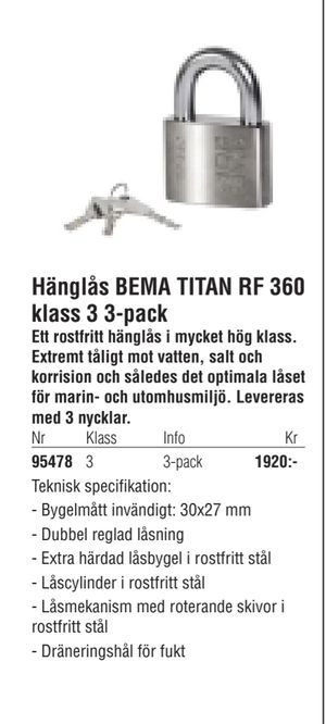 Hänglås BEMA TITAN RF 360 klass 3 3-pack