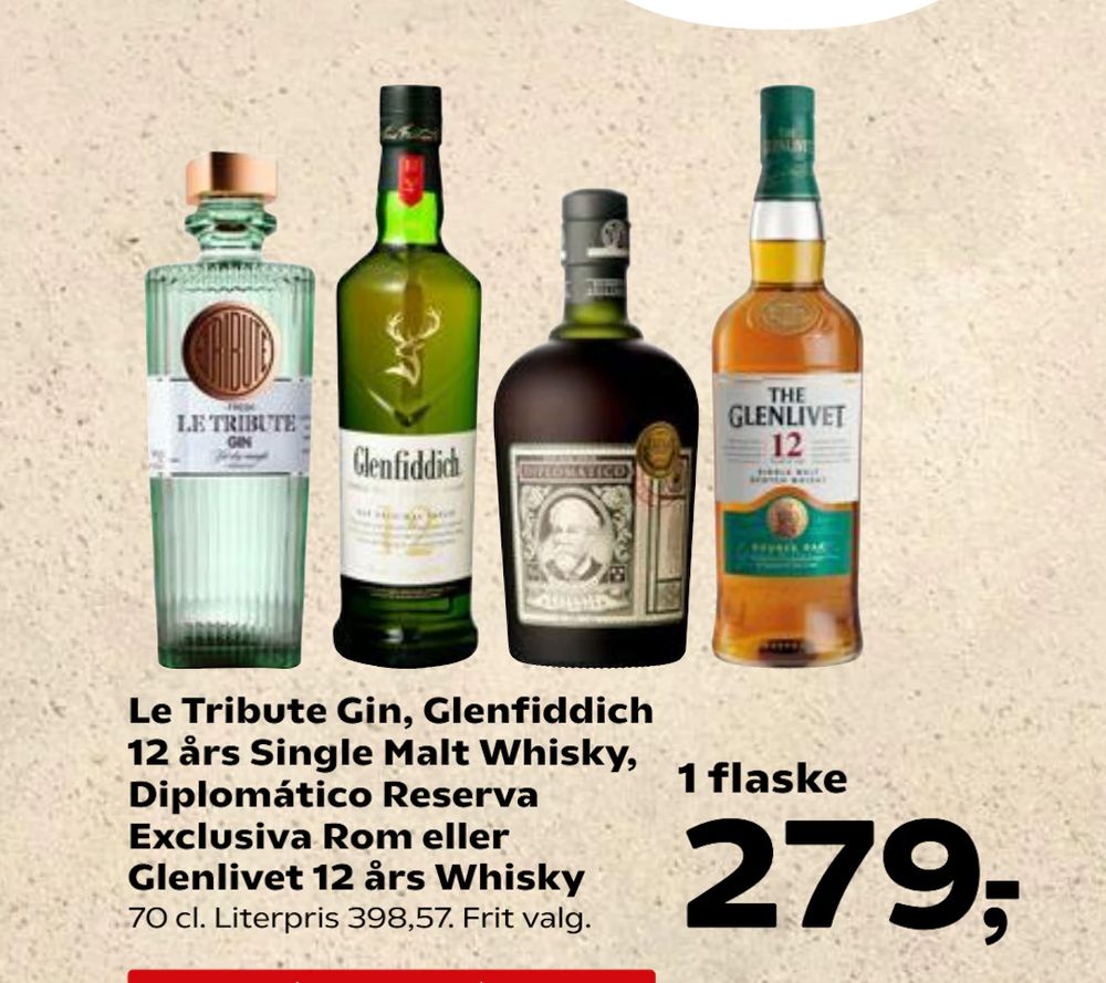 Tilbud på Le Tribute Gin, Glenfiddich 12 års Single Malt Whisky, Diplomático Reserva Exclusiva Rom eller Glenlivet 12 års Whisky fra SuperBrugsen til 279 kr.