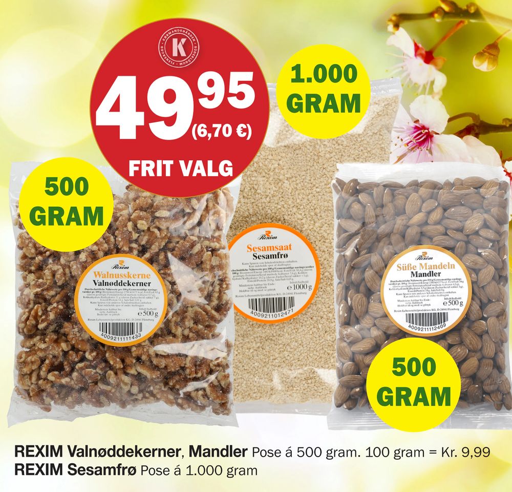 Tilbud på REXIM Valnøddekerner Mandler fra Købmandsgården til 49,95 kr.