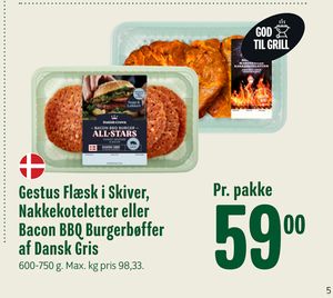 Gestus Flæsk i Skiver, Nakkekoteletter eller Bacon BBQ Burgerbøffer af Dansk Gris