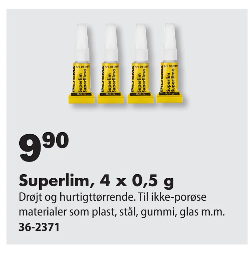 Tilbud på Superlim, 4 x 0,5 g fra Biltema til 9,90 kr.