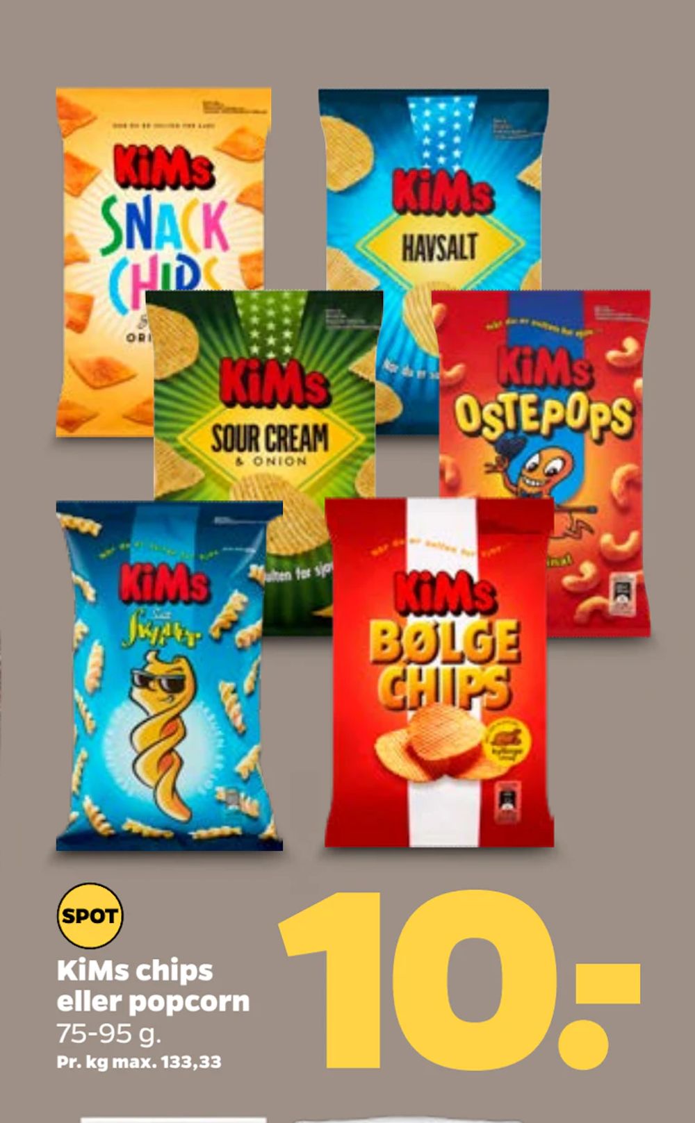 Tilbud på KiMs chips eller popcorn fra Netto til 10 kr.