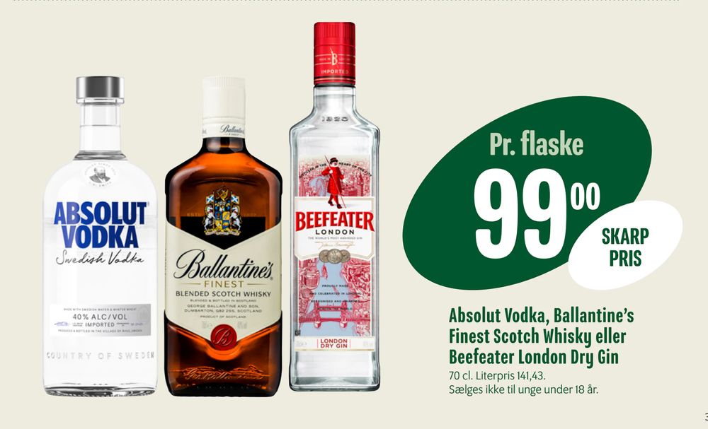 Tilbud på Absolut Vodka, Ballantine’s Finest Scotch Whisky eller Beefeater London Dry Gin fra Min Købmand til 99 kr.