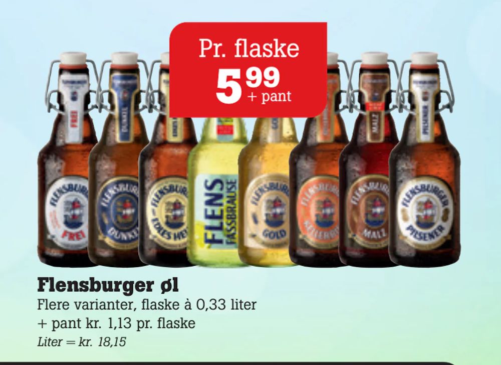 Tilbud på Flensburger øl fra Poetzsch Padborg til 5,99 kr.