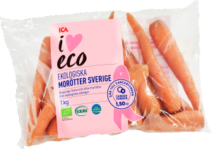 Ekologiska morötter i påse (ICA I love eco. Rosa Bandet. Sverige)