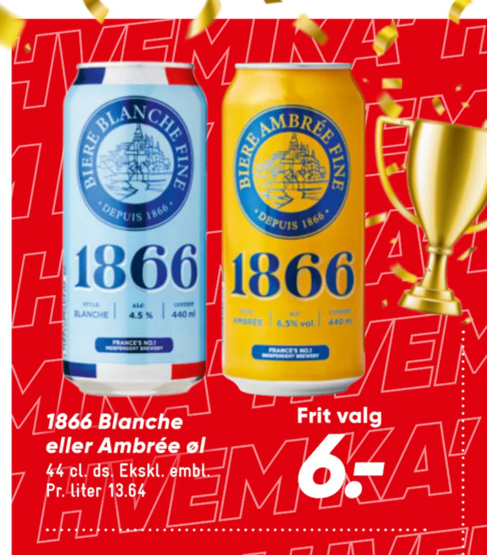 Tilbud på 1866 Blanche eller Ambrée øl fra Bilka til 6 kr.