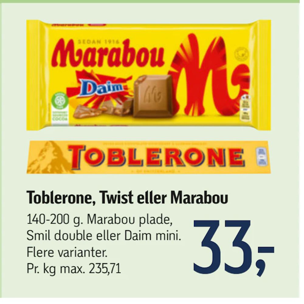 Tilbud på Toblerone, Twist eller Marabou fra føtex til 33 kr.