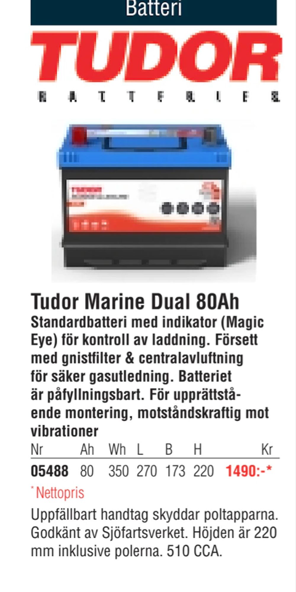 Erbjudanden på Tudor Marine Dual 80Ah från Erlandsons Brygga för 1 490 kr