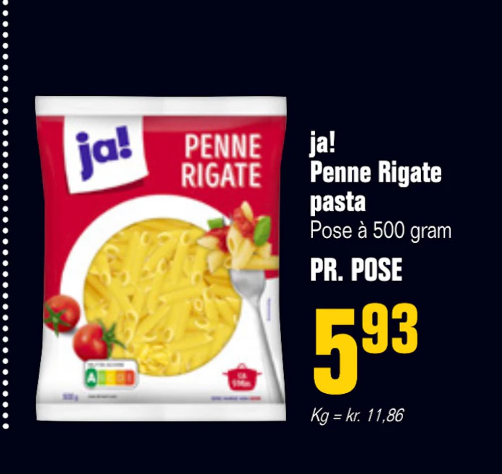 Tilbud på ja! Penne Rigate pasta fra Otto Duborg til 5,93 kr.