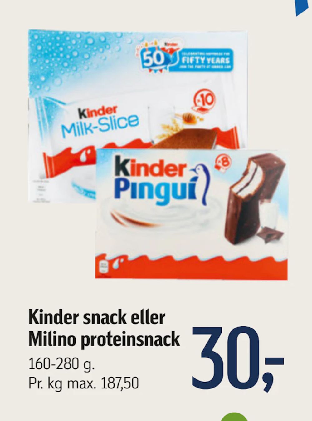 Tilbud på Kinder snack eller Milino proteinsnack fra føtex til 30 kr.