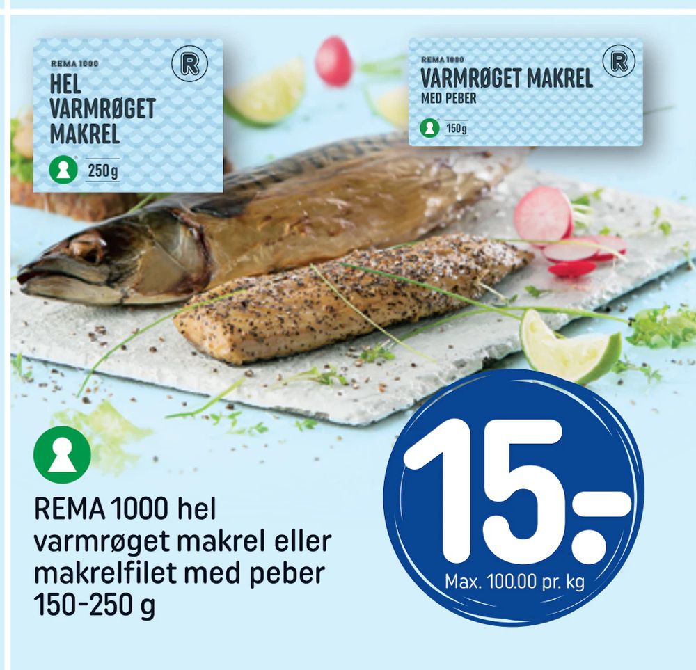 Tilbud på REMA 1000 hel varmrøget makrel eller makrelfilet med peber 150-250 g fra REMA 1000 til 15 kr.