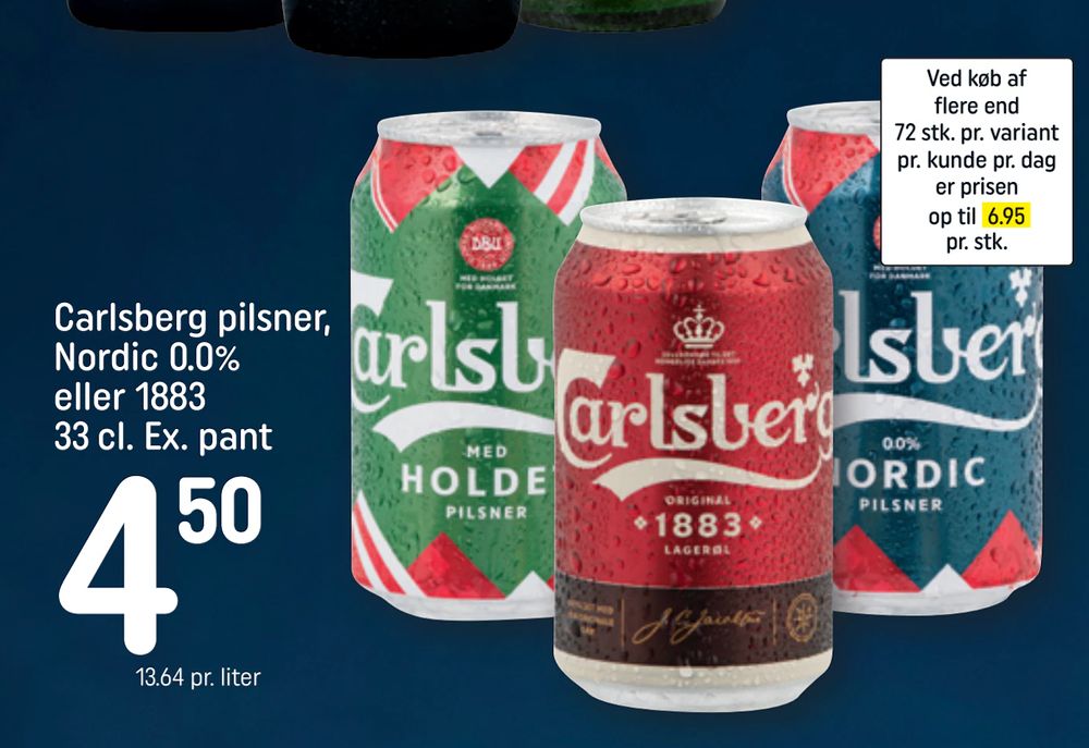 Tilbud på Carlsberg pilsner, Nordic 0.0% eller 1883 33 cl. Ex. pant fra REMA 1000 til 4,50 kr.