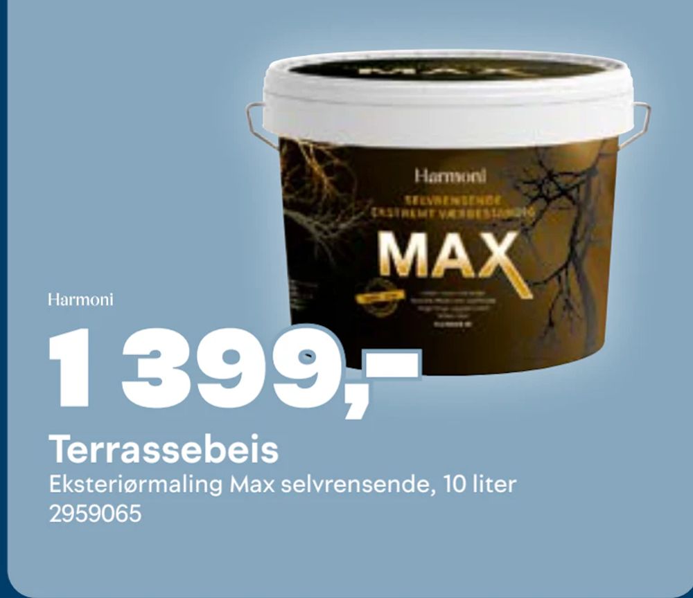 Tilbud på Eksteriørmaling Max selvrensende, 10 liter 2959065 fra MAXBO til 1 399 kr