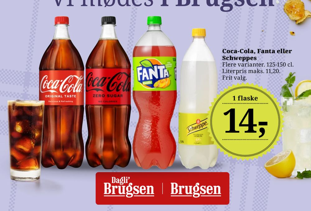Tilbud på Coca-Cola, Fanta eller Schweppes fra Brugsen til 14 kr.
