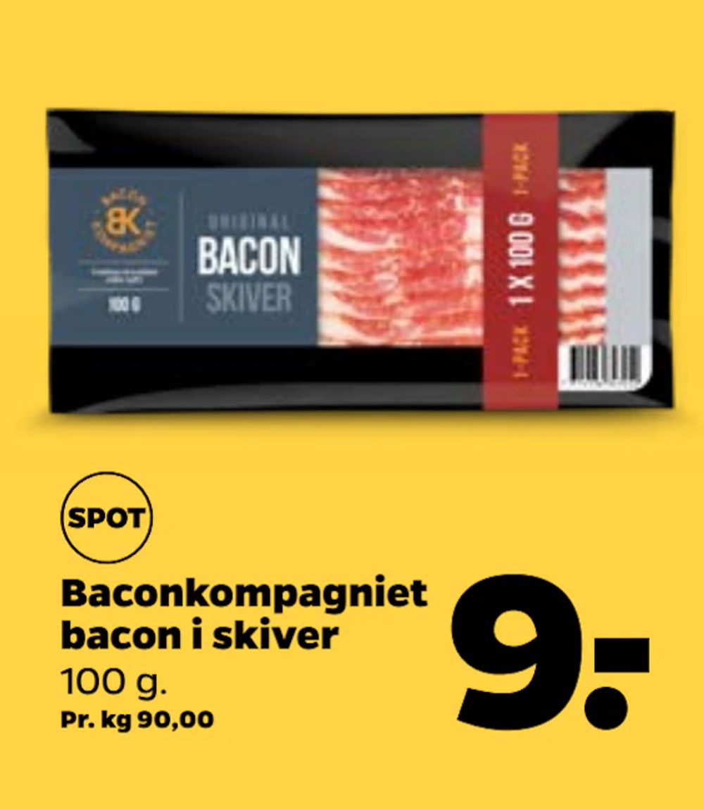 Tilbud på Baconkompagniet bacon i skiver fra Netto til 9 kr.
