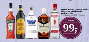 Aperol, Kahlua, Absolut Vodka, Ballantine's Whisky eller Beefeater Gin
