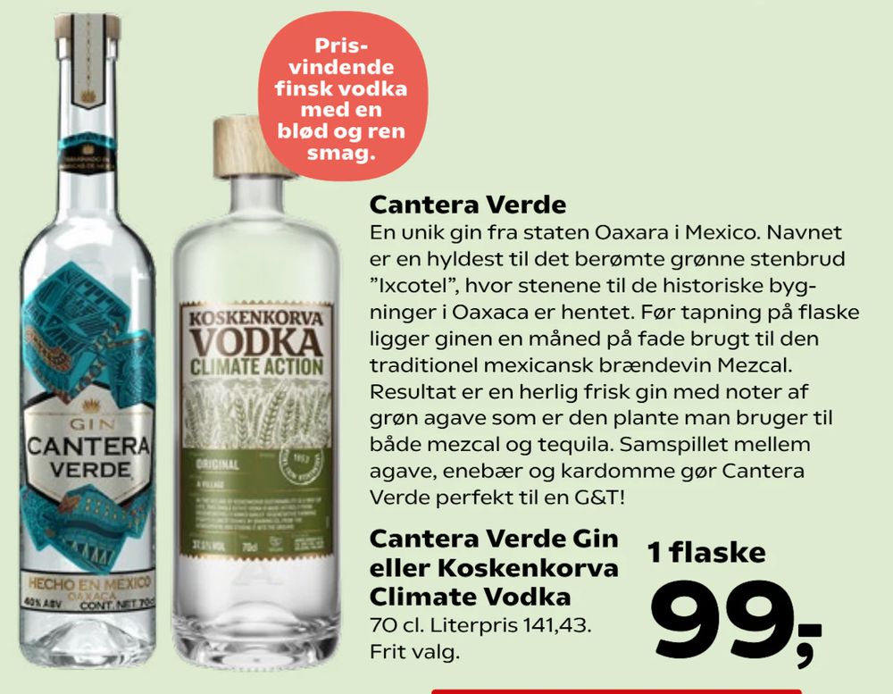 Tilbud på Cantera Verde Gin eller Koskenkorva Climate Vodka fra Kvickly til 99 kr.