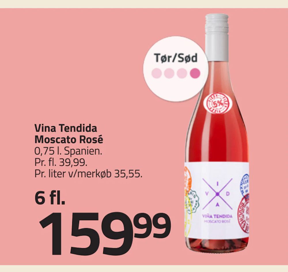 Tilbud på Vina Tendida Moscato Rosé fra Fleggaard til 159,99 kr.