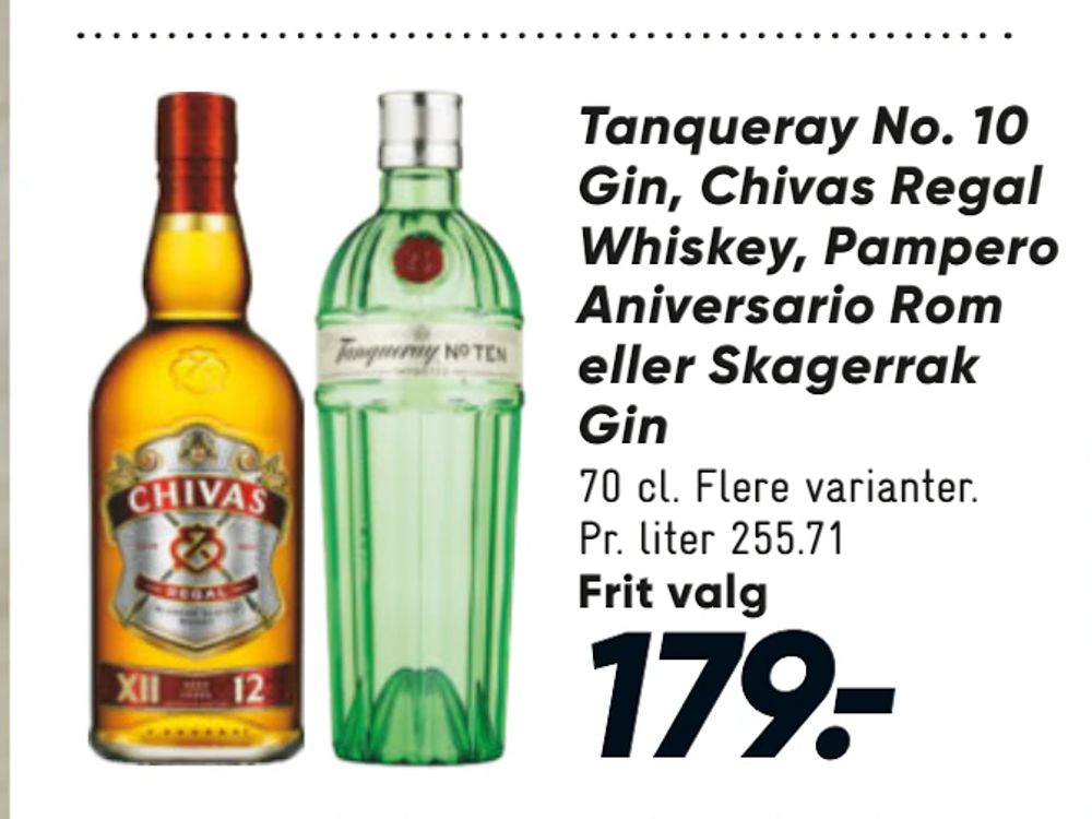 Tilbud på Tanqueray No. 10 Gin, Chivas Regal Whiskey, Pampero Aniversario Rom eller Skagerrak Gin fra Bilka til 179 kr.