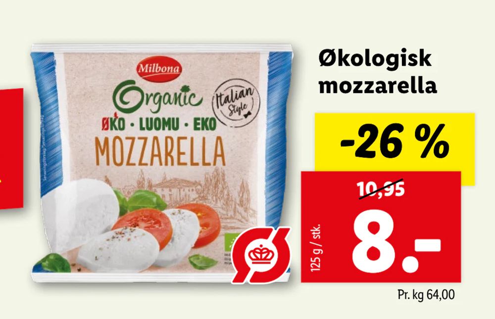 Tilbud på Økologisk mozzarella fra Lidl til 8 kr.