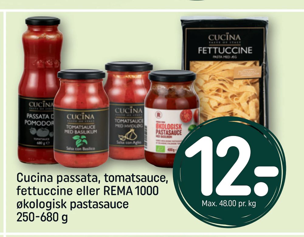 Tilbud på Cucina passata, tomatsauce, fettuccine eller REMA 1000 økologisk pastasauce 250-680 g fra REMA 1000 til 12 kr.