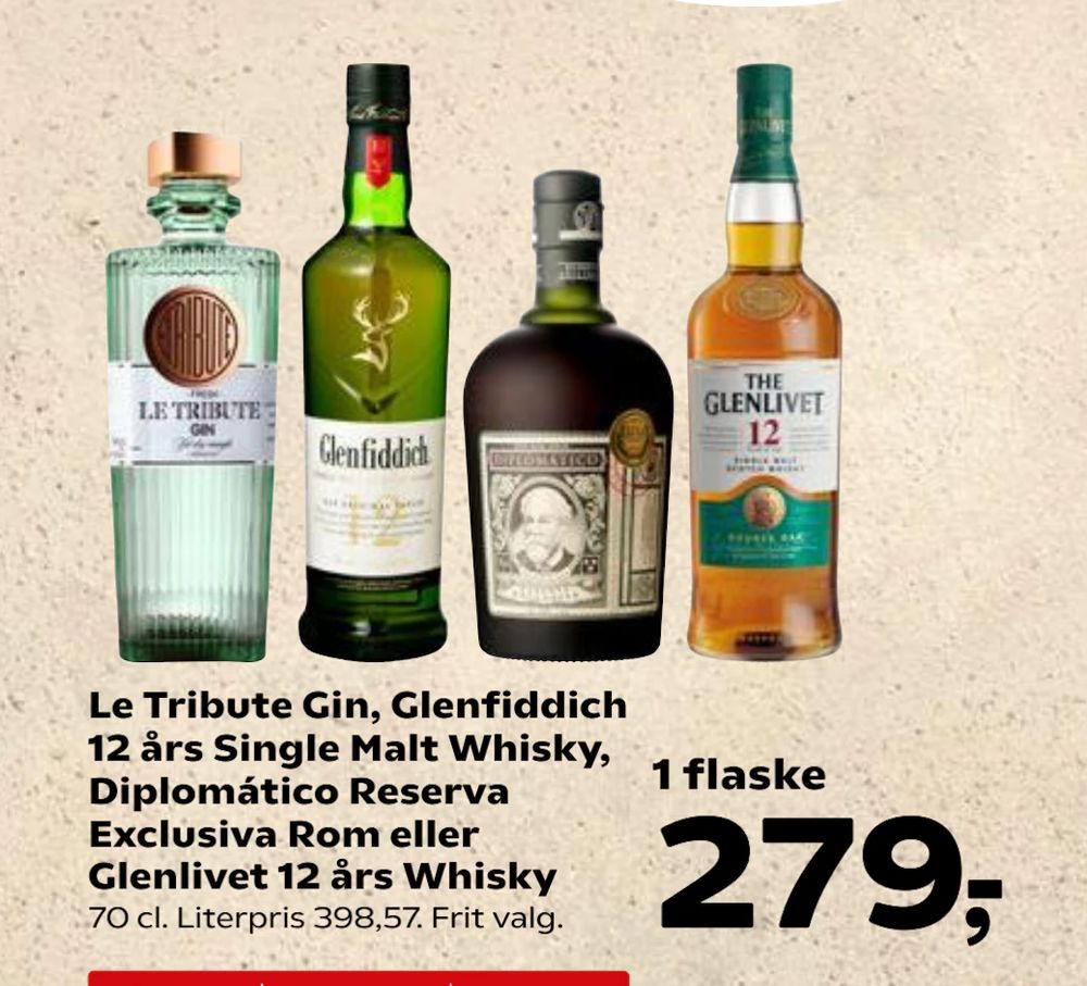Tilbud på Le Tribute Gin, Glenfiddich 12 års Single Malt Whisky, Diplomático Reserva Exclusiva Rom eller Glenlivet 12 års Whisky fra Kvickly til 279 kr.