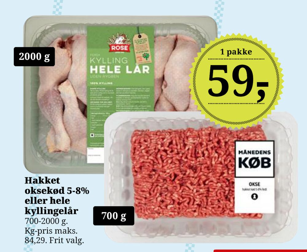 Tilbud på Hakket oksekød 5-8% eller hele kyllingelår fra Dagli'Brugsen til 59 kr.
