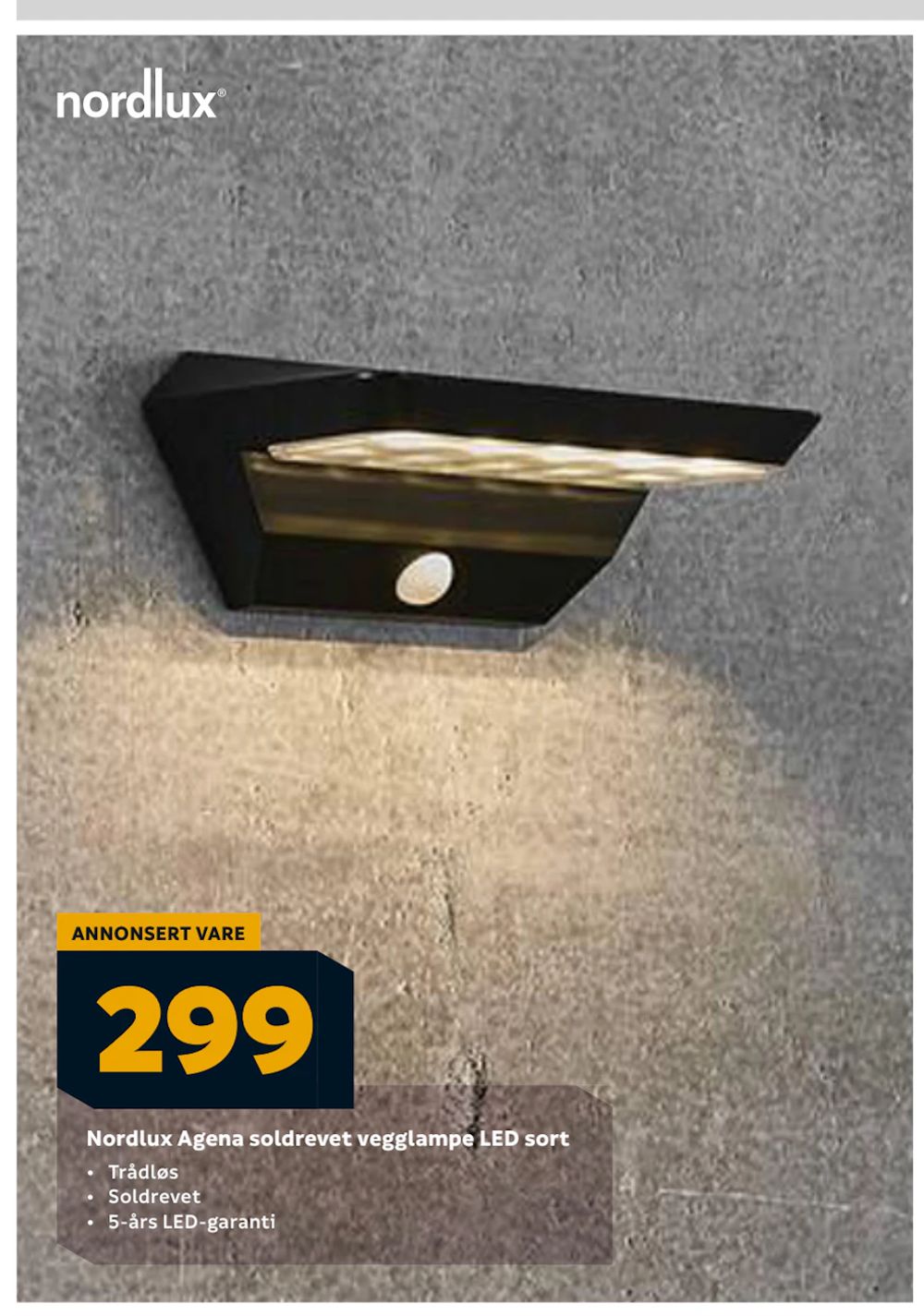 Tilbud på Nordlux Agena soldrevet vegglampe LED sort fra Megaflis til 299 kr