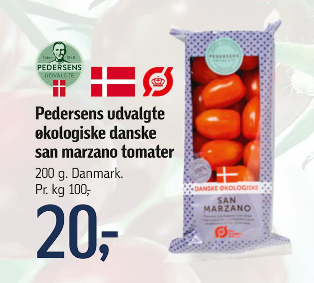 Tilbud på Pedersens udvalgte økologiske danske san marzano tomater fra føtex til 20 kr.